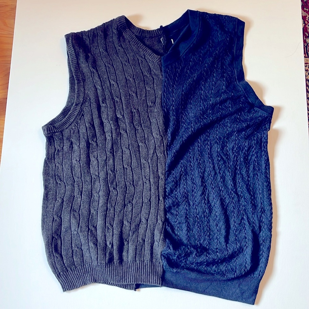 Urban Outfitters vintage grandpa vest made from rescued textiles.
